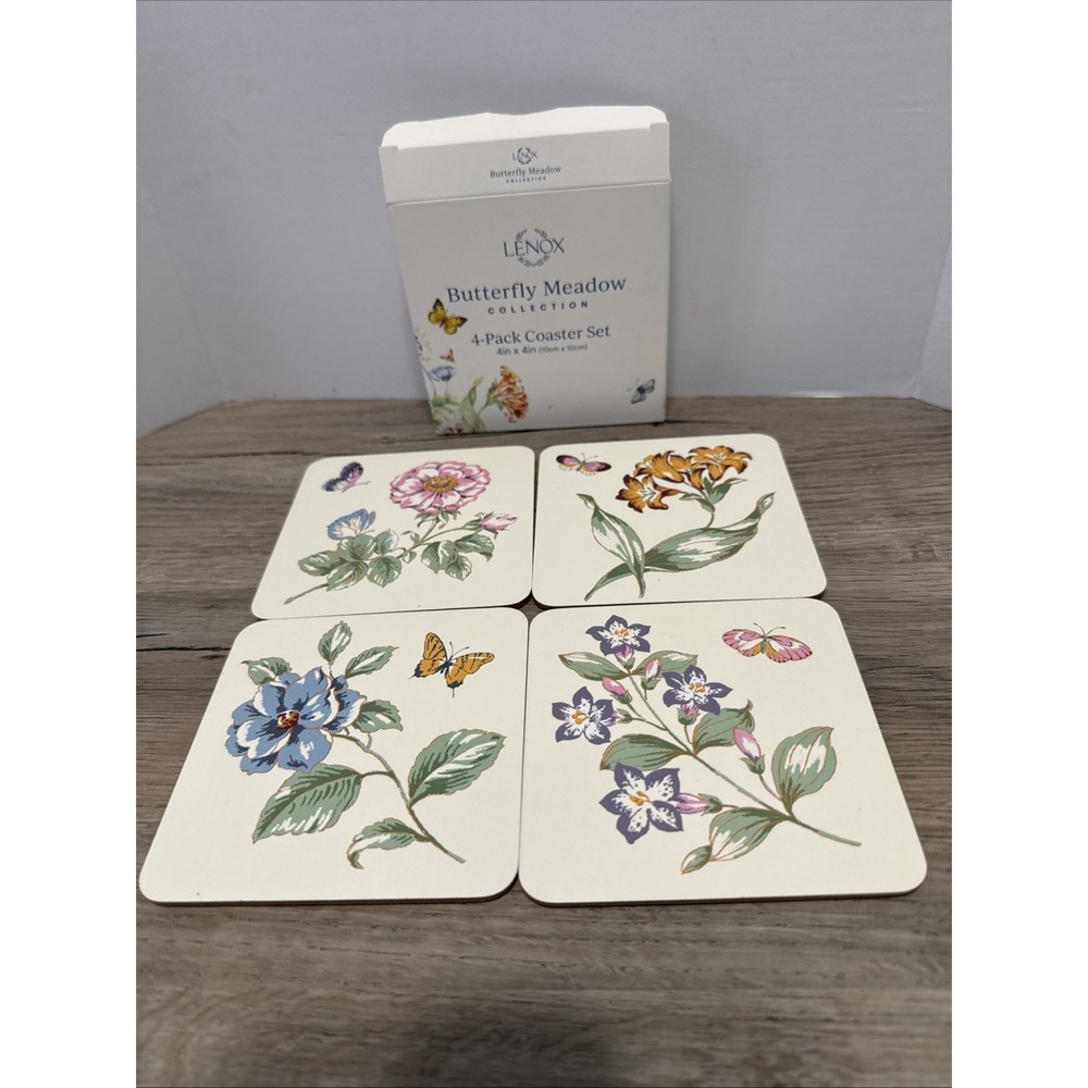 Lenox Butterfly Meadow 4 Pack Coaster Set Cork Back 4"x4" Never Used